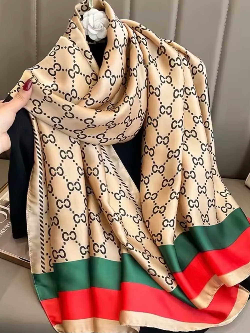 Beige Patterned Silk-Feel Scarf with Green & Red Border